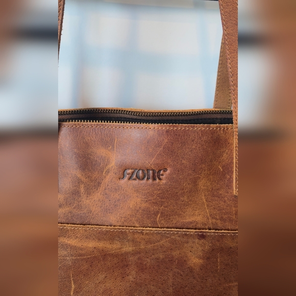 S ZONE Brown Leather Tote Bag Vintage Leather Wear - Picture 2 of 5